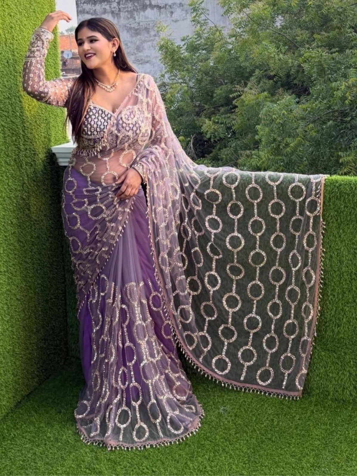 Bollywood-Inspired Designer Purple Soft Net Saree with Sequin & Bead Embroidery