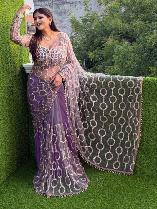 Bollywood-Inspired Purple Sequin & Bead Soft Net Saree with Unstitched Blouse-71826368430161