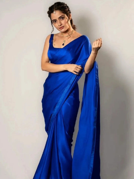 Bollywood Style Royal Blue Satin Saree with Unstitched Matching Blouse Piece-70784296255569