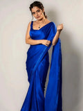 Bollywood Style Royal Blue Satin Saree with Unstitched Matching Blouse Piece