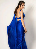 Bollywood Style Royal Blue Satin Saree with Unstitched Matching Blouse Piece