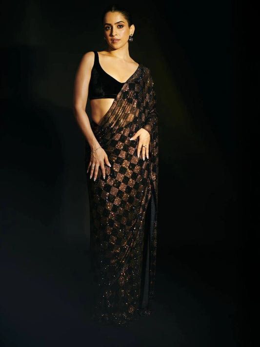 Sanya Inspired Heavy Faux Georgette Full Sequins Black Saree-70598761054289