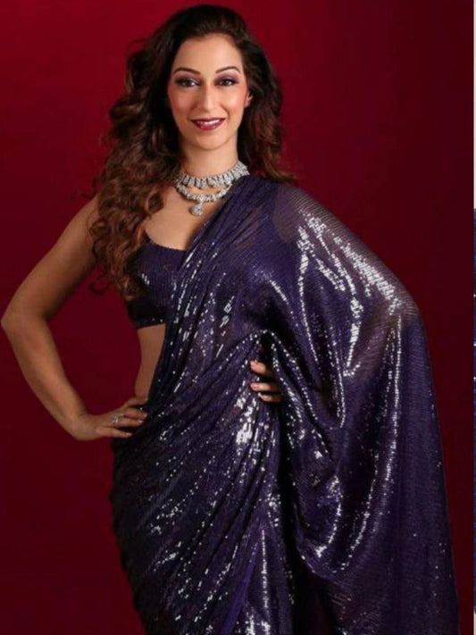 Bollywood Inspired Georgette Dark Blue Sequins Saree