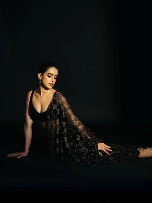 Sanya Inspired Heavy Faux Georgette Full Sequins Black Saree-70598761087057