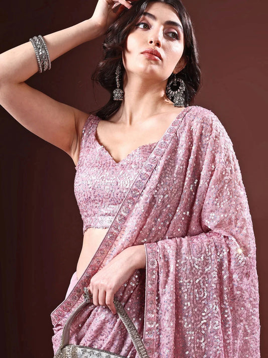 Bollywood Inspired Georgette Lavender Saree Full Sequins Embroidery with Cutwork Lace-70359213768785