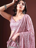 Bollywood Inspired Georgette Lavender Saree Full Sequins Embroidery with Cutwork Lace