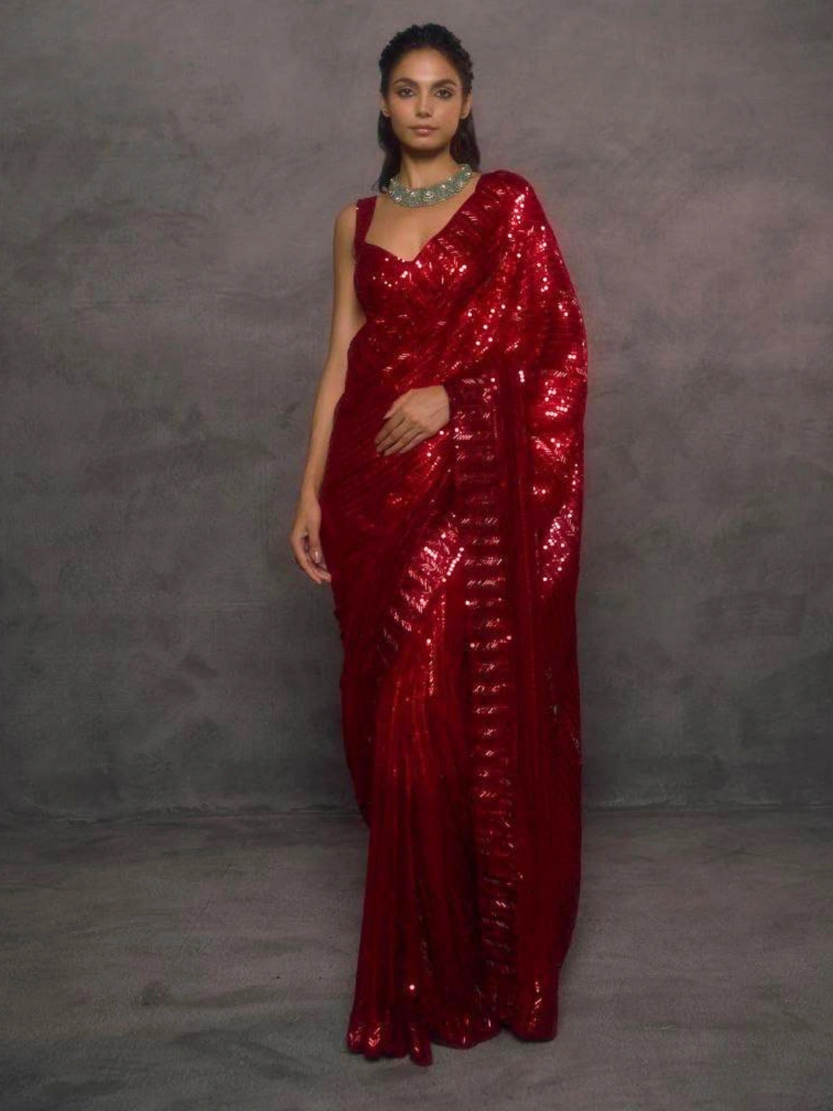Bollywood Inspired Red Sequin Saree with Lace Border & Heavy Sequin Blouse-71826997641297