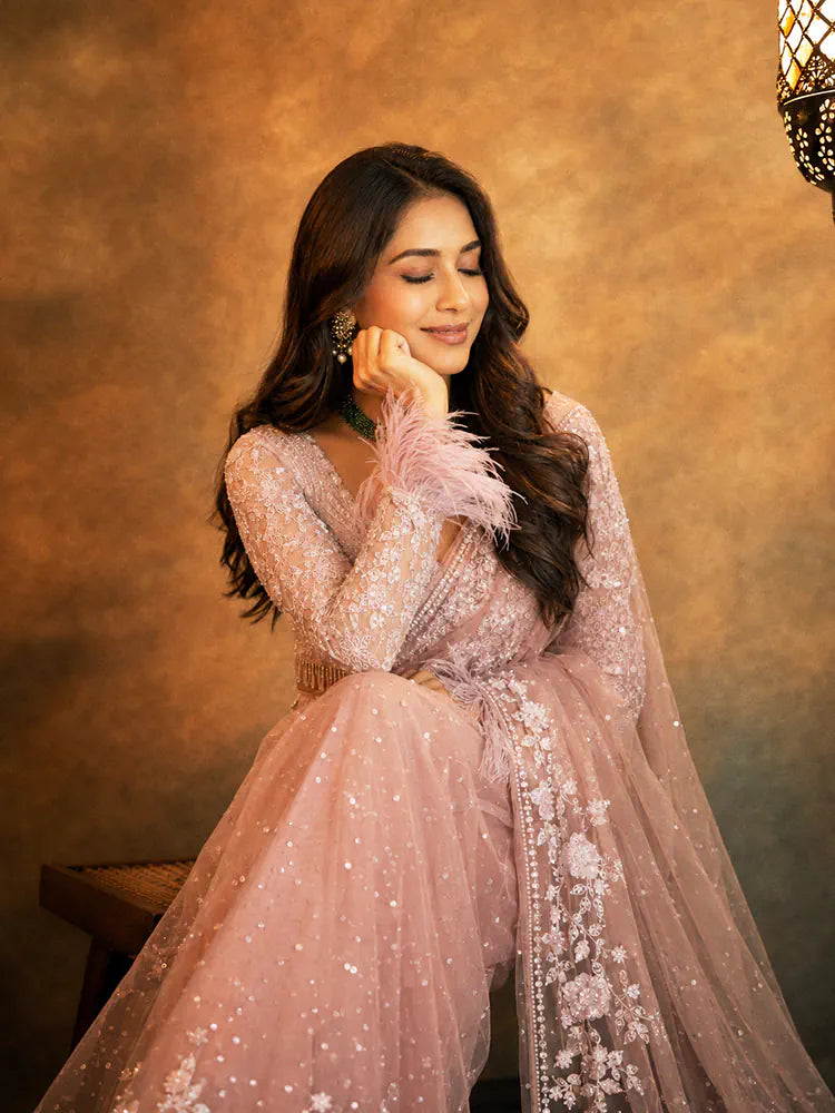Pink Net Saree with Sequin and Thread Embroidery