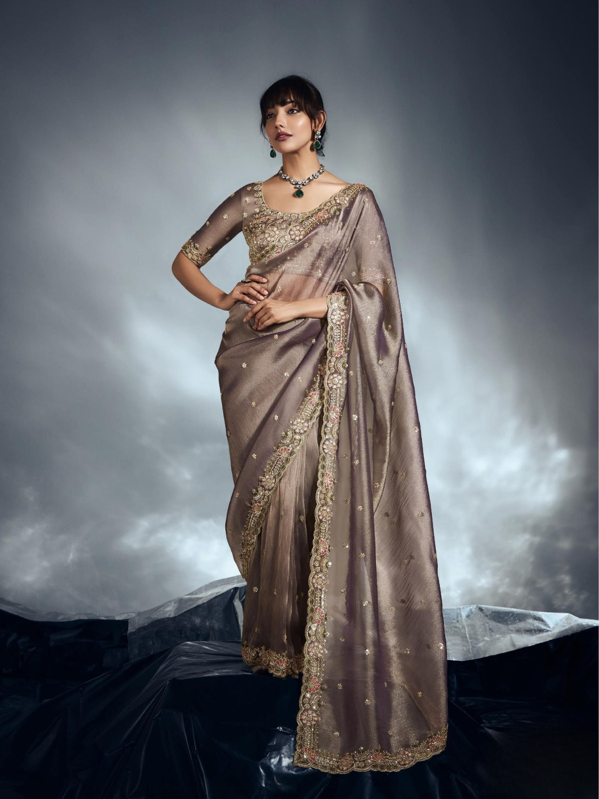 Designer Organza Saree with Heavy Embroidered Border & Blouse - Champagne Gold