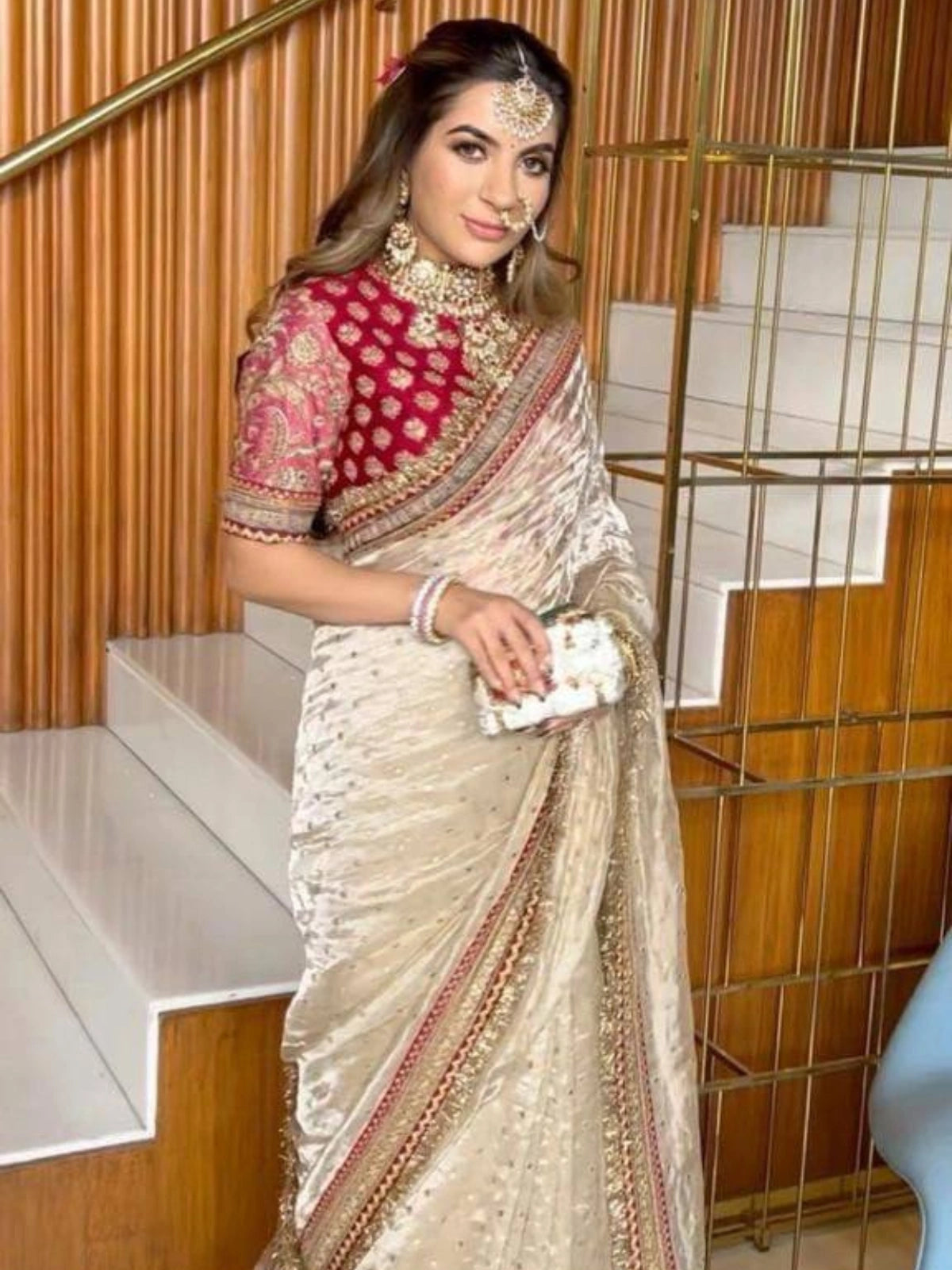 Sonam Inspired Off-White Twill Net Saree with Red & Gold Embroidery-67213009551441