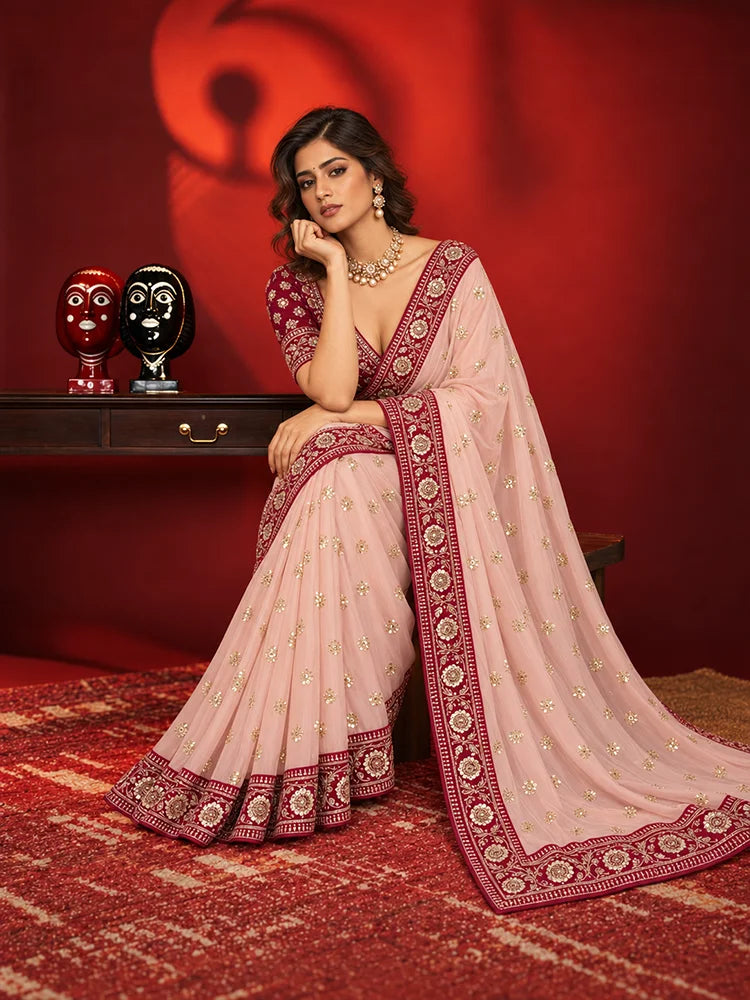 Soft Pink Saree with Delicate Golden Motifs and Embroidered Maroon Border