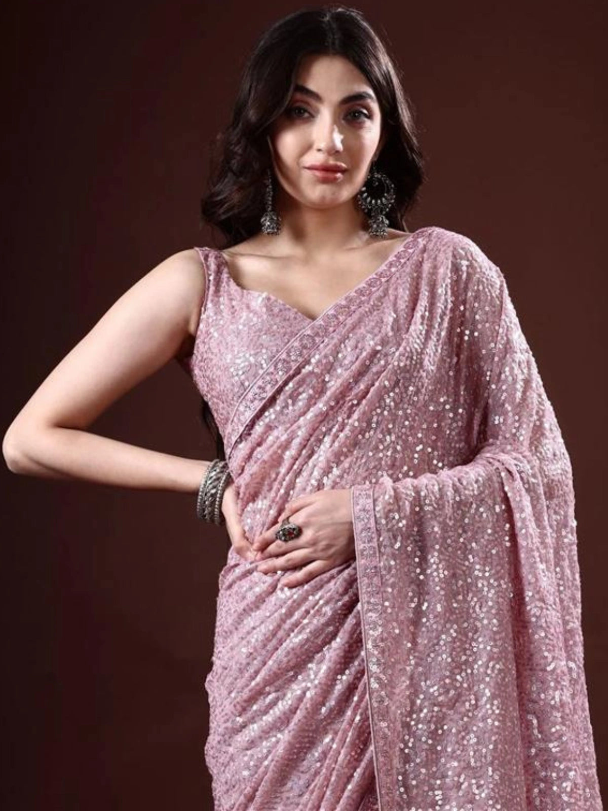 Bollywood Inspired Georgette Lavender Saree Full Sequins Embroidery with Cutwork Lace-70359213801553
