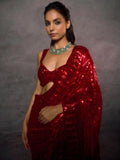 Bollywood Inspired Red Sequin Saree with Lace Border & Heavy Sequin Blouse