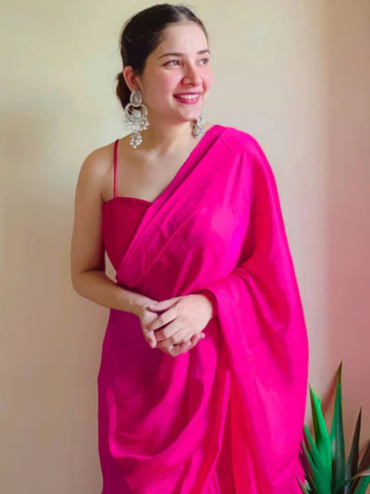 Bollywood Style Pink Satin Saree with Unstitched Matching Blouse Piece-70784367099985