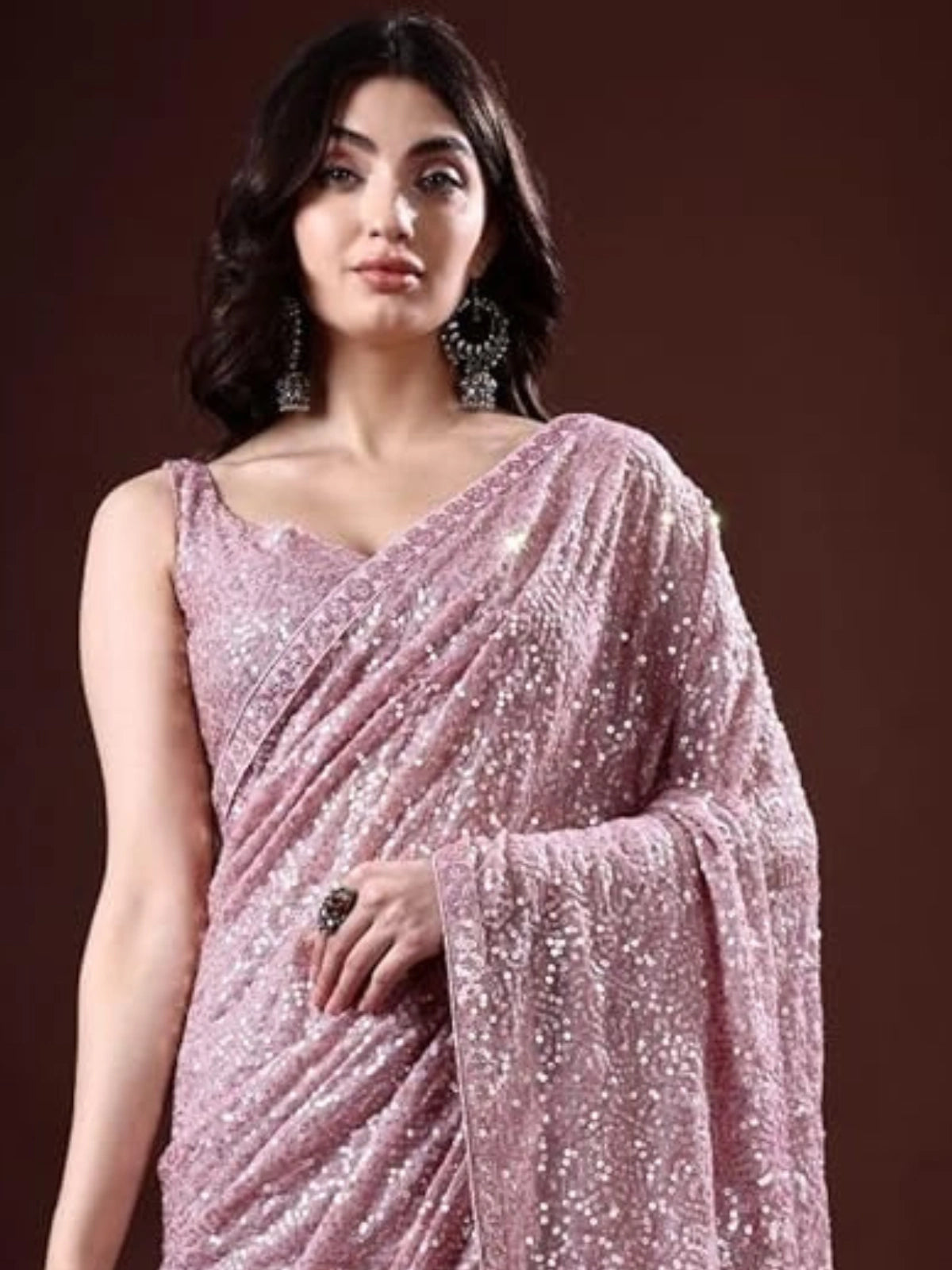 Bollywood Inspired Georgette Lavender Saree Full Sequins Embroidery with Cutwork Lace-70359213834321