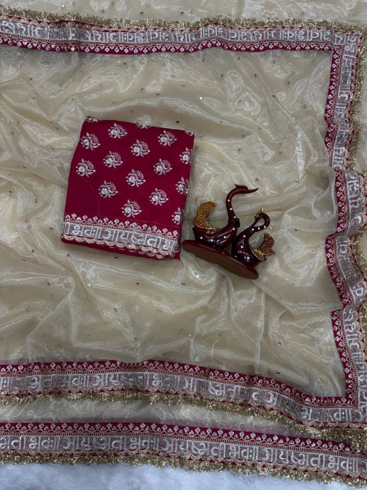 Sonam Inspired Off-White Twill Net Saree with Red & Gold Embroidery-67213009584209