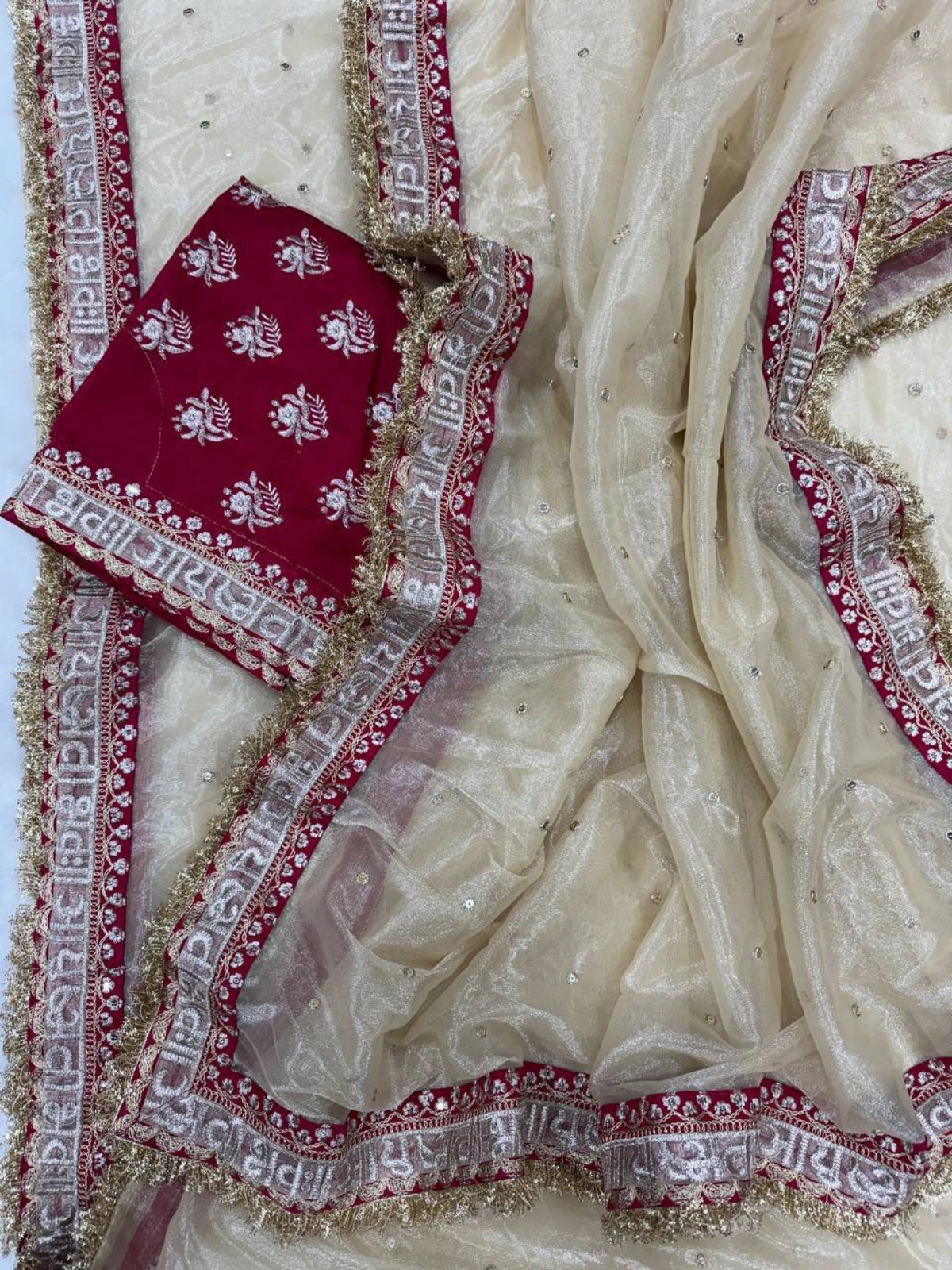 Sonam Inspired Off-White Twill Net Saree with Red & Gold Embroidery-67213009616977