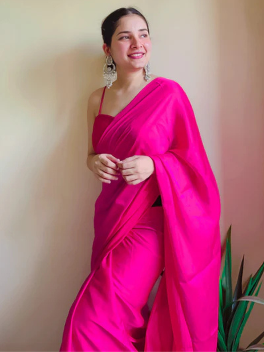 Bollywood Style Pink Satin Saree with Unstitched Matching Blouse Piece-70784367165521