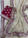 Sonam Inspired Off-White Twill Net Saree with Red & Gold Embroidery