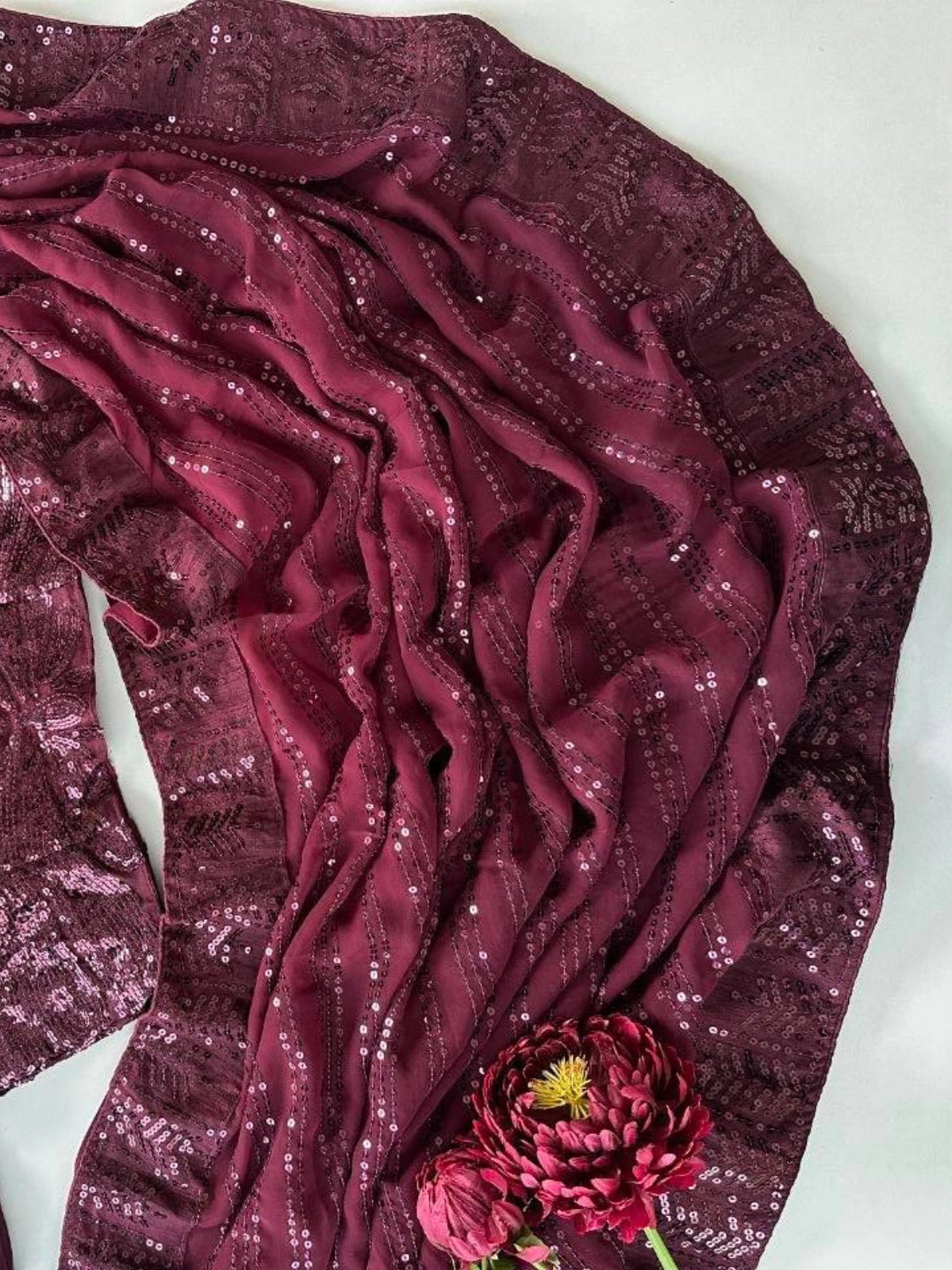Bollywood Inspired Wine Saree with Lace Border & Heavy Sequin Embroidered Blouse