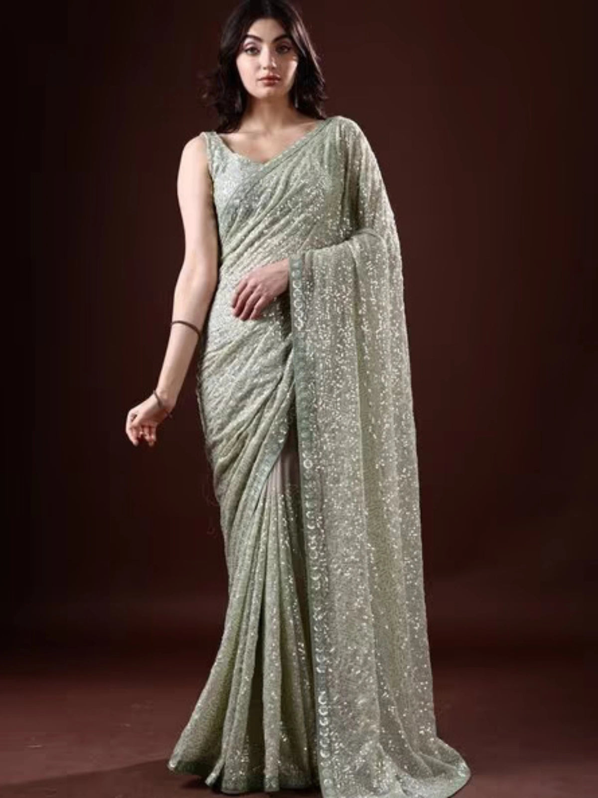 Bollywood Inspired Georgette Pista Green Saree Full Sequins Embroidery with Cutwork Lace-70359220256849