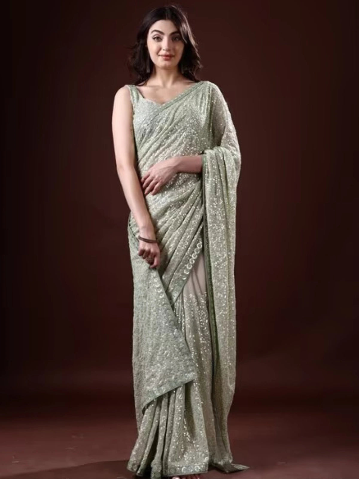 Bollywood Inspired Georgette Pista Green Saree Full Sequins Embroidery with Cutwork Lace-70359220289617