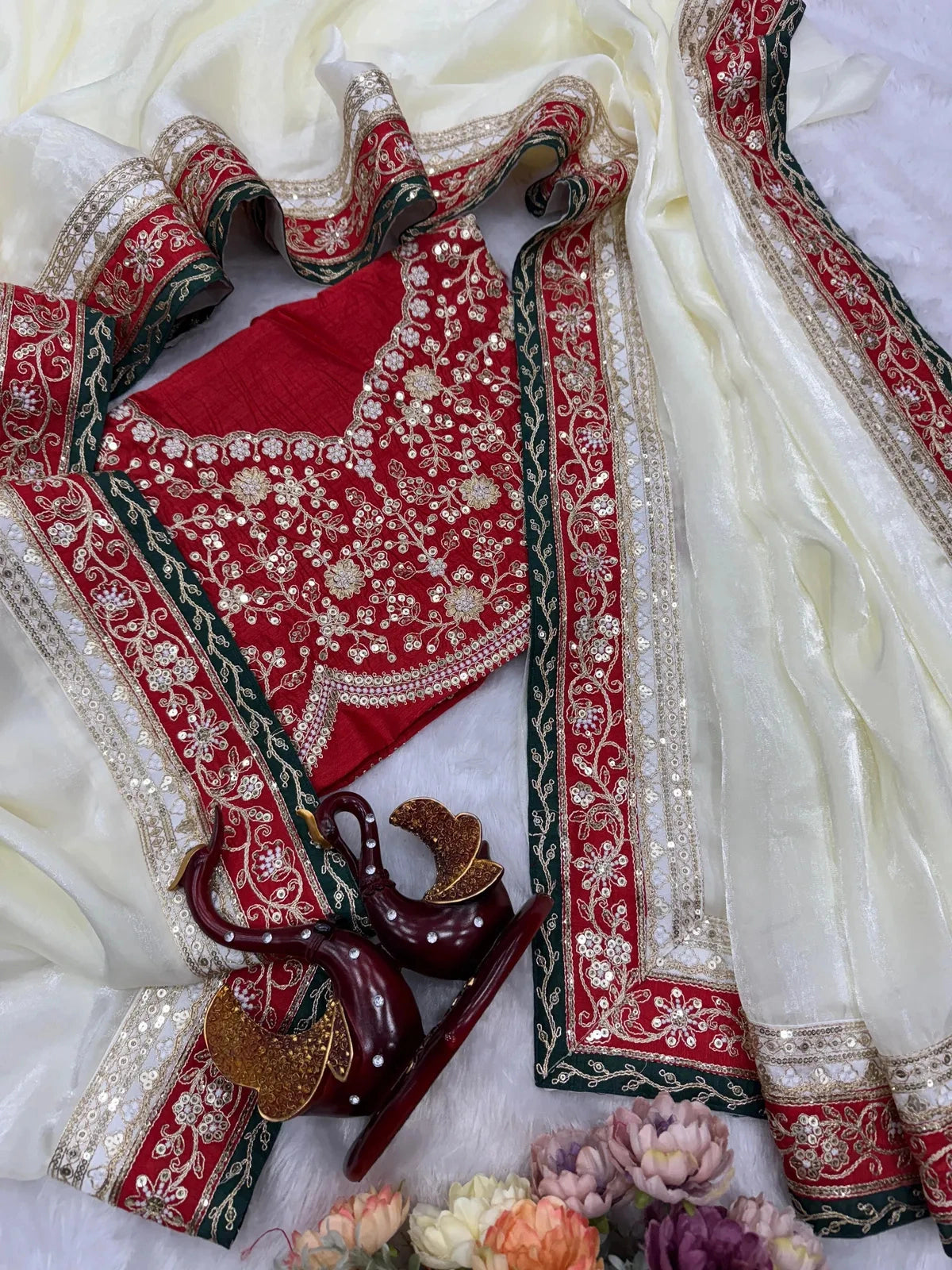 Bollywood Inspired Off-White Space Silk Saree with Delicate Embroidery-67827733561425
