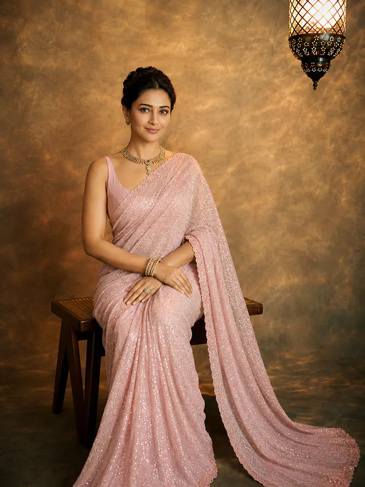 Alia Inspired Georgette Pink Saree Full Sequins Embroidery with Cutwork Lace-71939086516305