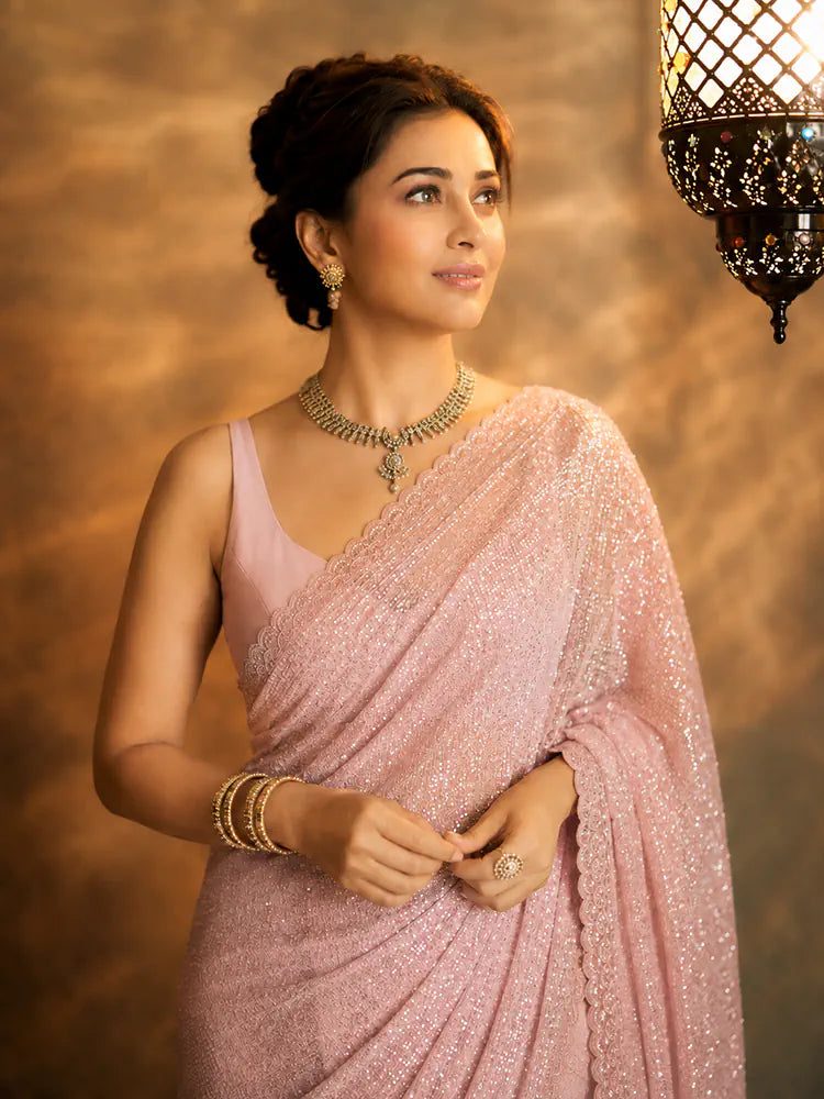 Alia Inspired Georgette Pink Saree Full Sequins Embroidery with Cutwork Lace