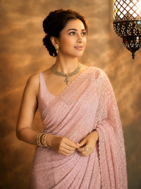 Alia Inspired Georgette Pink Saree Full Sequins Embroidery with Cutwork Lace