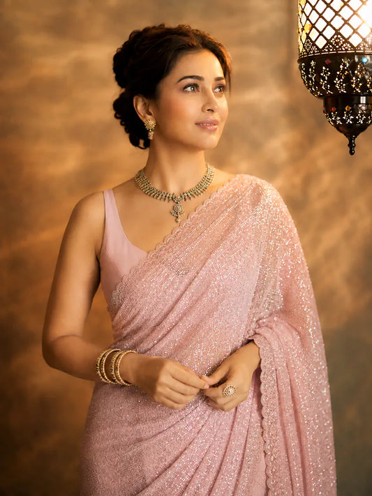 Alia Inspired Georgette Pink Saree Full Sequins Embroidery with Cutwork Lace-71939086483537