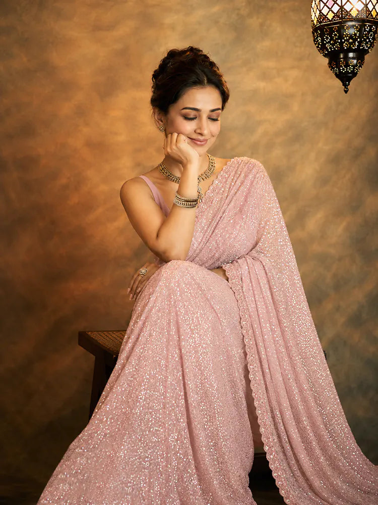 Alia Inspired Georgette Pink Saree Full Sequins Embroidery with Cutwork Lace-71939086581841