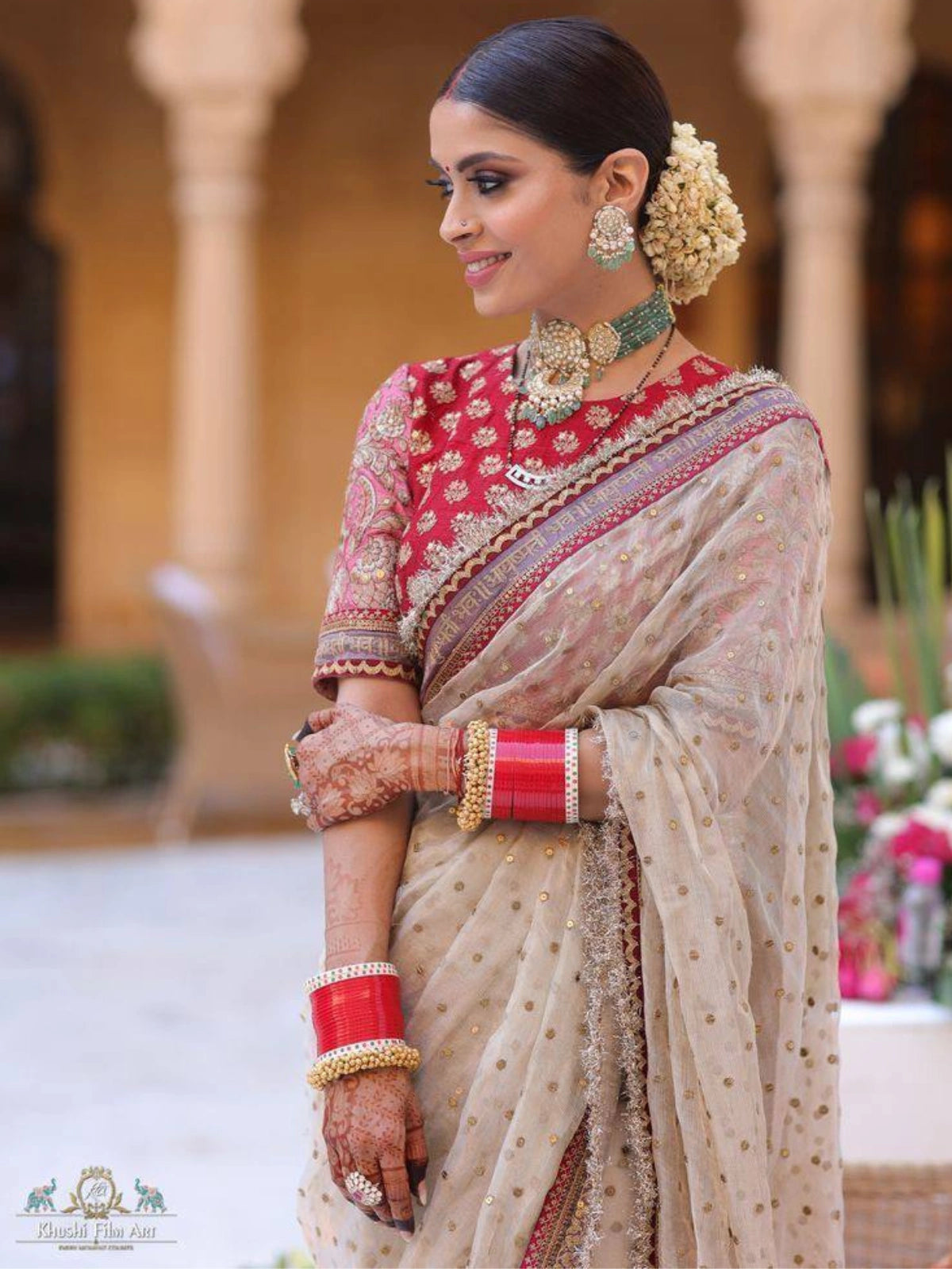 Sonam Inspired Off-White Twill Net Saree with Red & Gold Embroidery-67213009715281