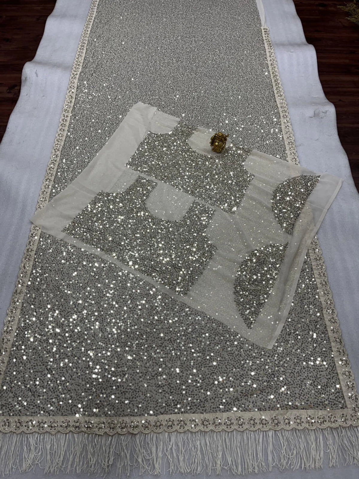 Deepika Inspired Georgette Gold Saree Full Sequins Embroidery with Cutwork Lace & Jhalar Border-70359898161233