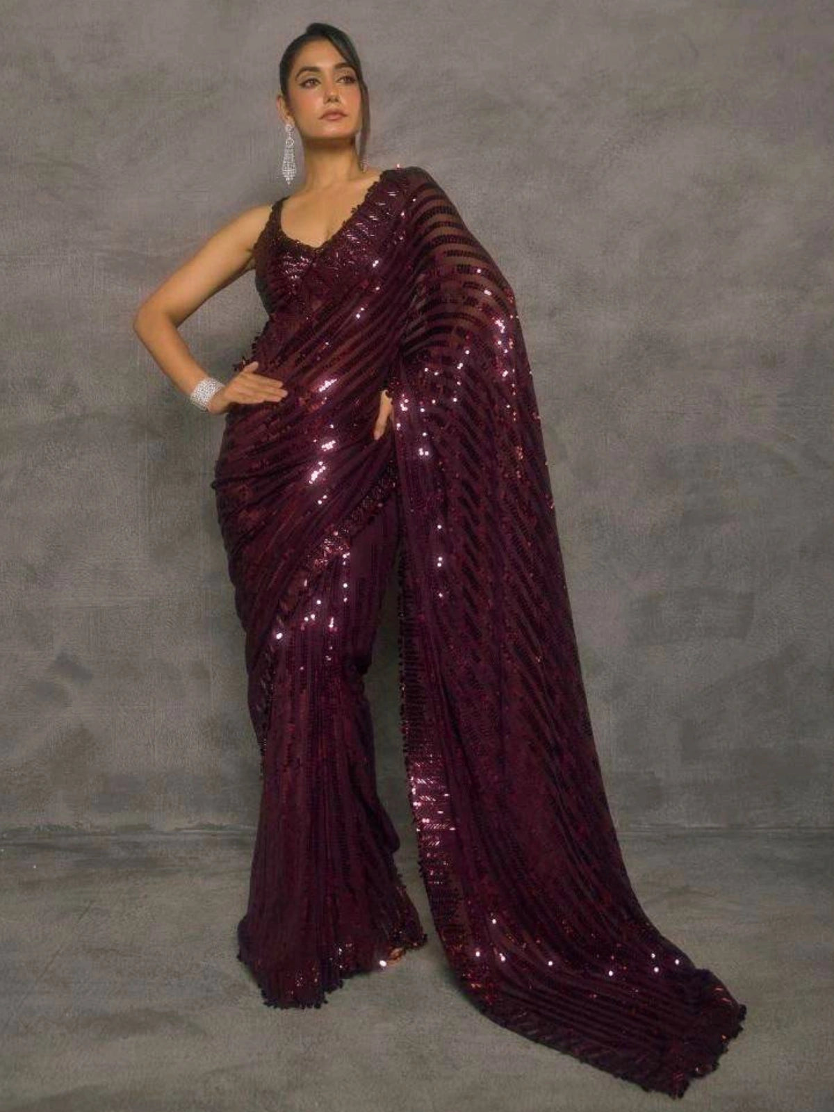Bollywood Inspired Wine Saree with Lace Border & Heavy Sequin Embroidered Blouse-71827036864593
