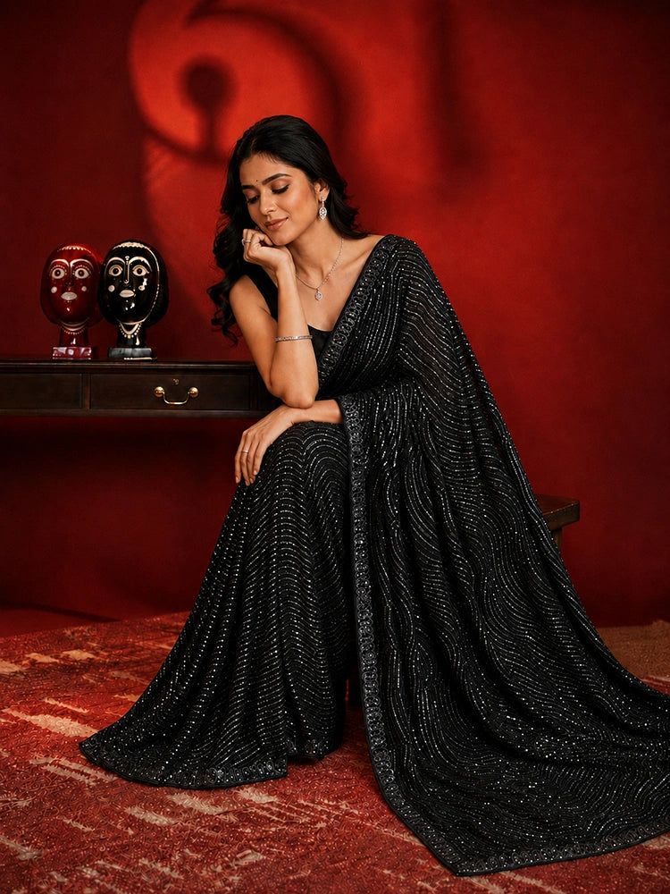 Designer Black Georgette Party Wear Saree with Sequins Embroidery