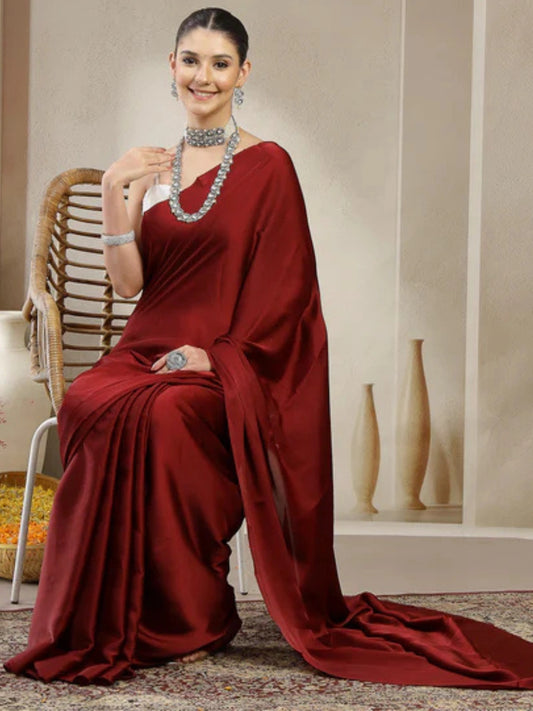 Bollywood Style Maroon Satin Saree with Unstitched Matching Blouse Piece-70784466485329