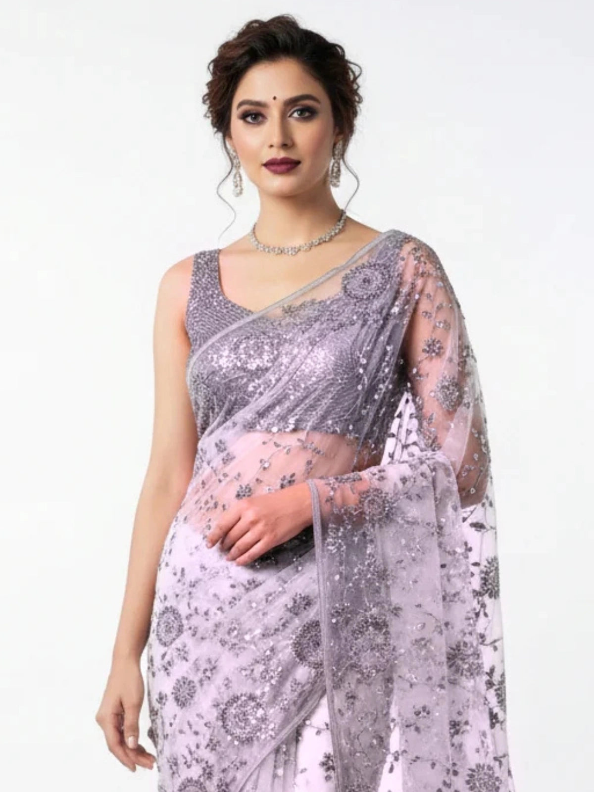 Bollywood Inspired Sequins Designer Purple Net Saree-70877876387921