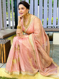 Madhuri Inspired Peach Palm Blooms Tissue Saree with Golden Lace Border