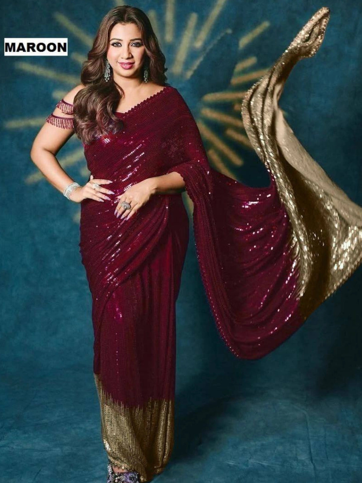 Shreya Inspired Maroon and Gold Sequin Saree-67716911333457