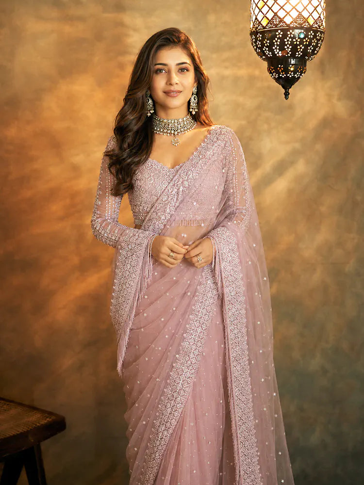 Bollywood Inspired Net Light Pink Saree with Beautiful Sequins Work-71930959036497