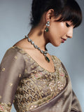 Designer Organza Saree with Heavy Embroidered Border & Blouse - Champagne Gold
