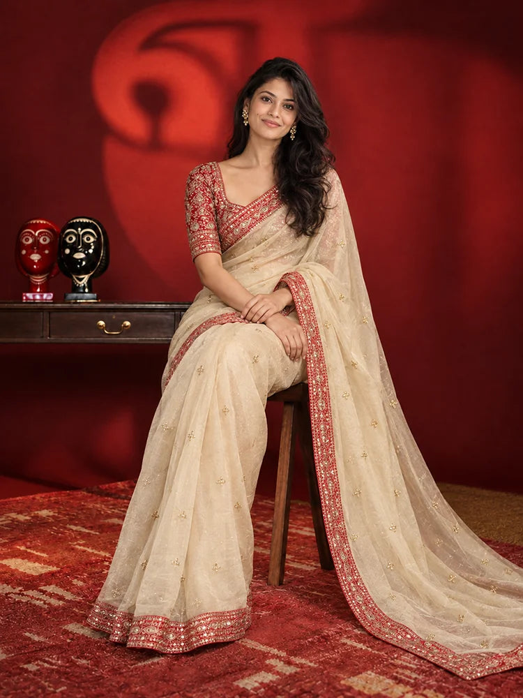 Soft Tissue Organza Saree with Gold Dori Work and Contrast Blouse-73653920333905