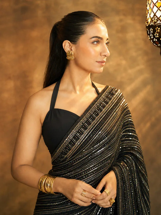 Bollywood Inspired Black Saree with Silver and Gold Sequin Work and Matching Blouse Piece-71875031695441