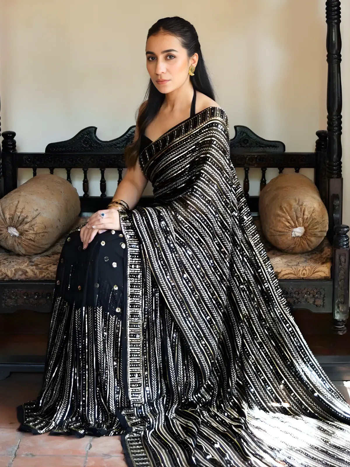 Bollywood Inspired Black Saree with Silver and Gold Sequin Work and Matching Blouse Piece-71427817144401