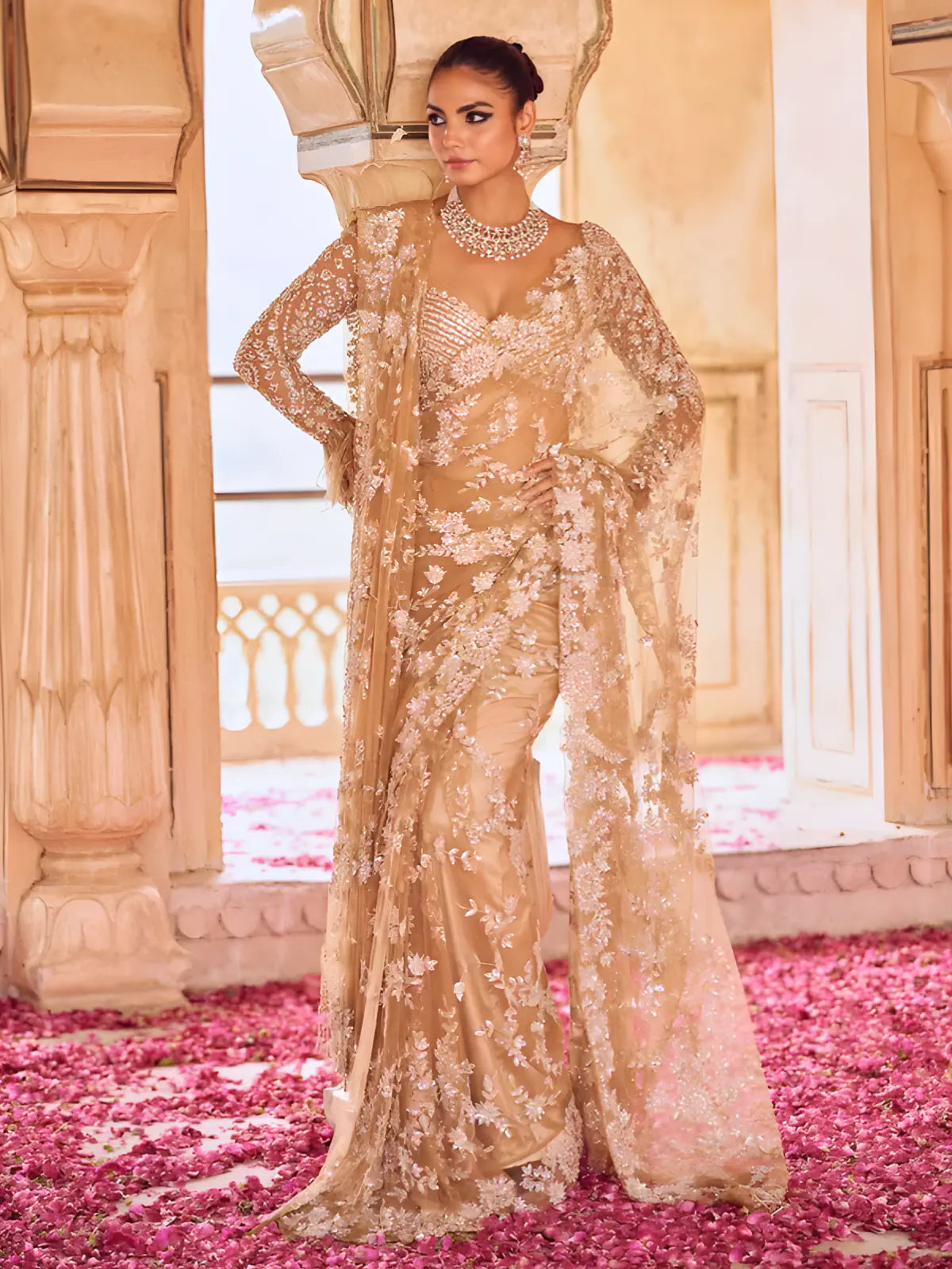 Bollywood Inspired Embroidered Golden Net Saree With Jhalar Border-71427771760721