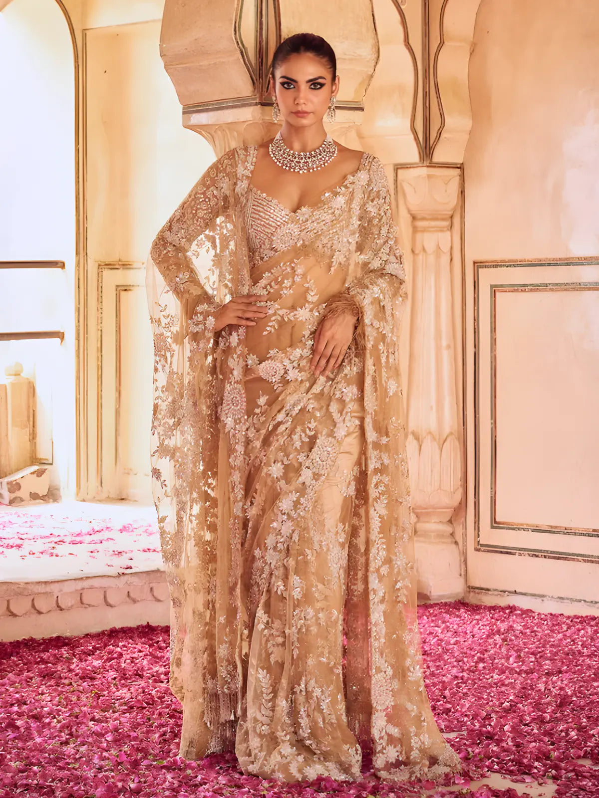Bollywood Inspired Embroidered Golden Net Saree With Jhalar Border-71427770089553