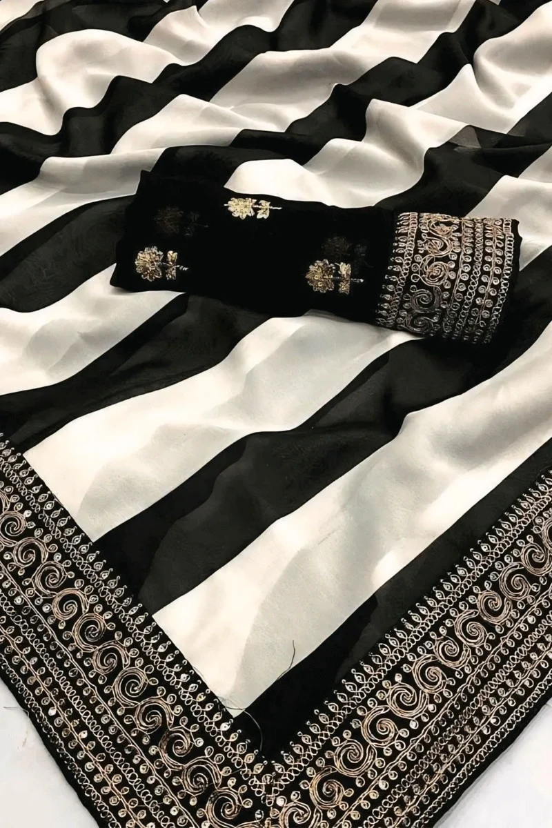Parineeti Inspired Black & White Striped Printed Georgette Saree-5  Celebrity Drapes