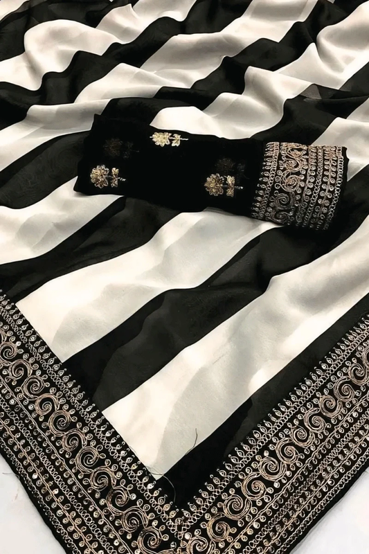 Parineeti Inspired Black & White Striped Printed Georgette Saree-5  Celebrity Drapes-28505576505425