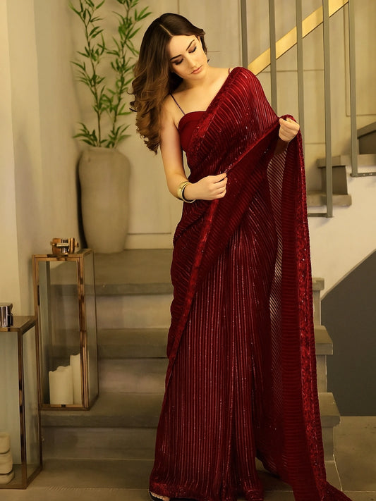 Bollywood Inspired Heavy Georgette Sequins Embroidery Red Saree